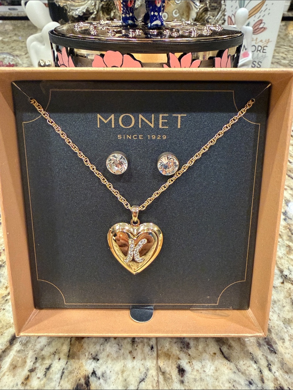 NWT Monet  Initial K Heart Locket Necklace with Large Stud Earrings
